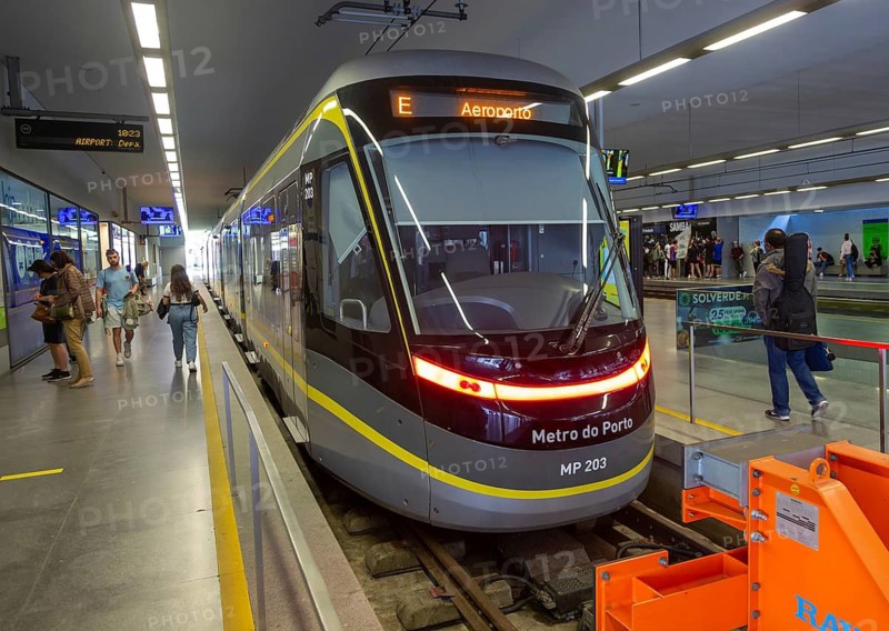 Metro do Porto tram train at Trindade station, Porto, Portugal, Europe destination Aeroporto Airport