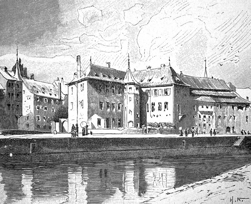 The Dragon Court, Strasbourg, 1880, France, illustration, reproduction from a 19th century model. Authentic, file restored for optimal use, exact date of submission unknown, historical