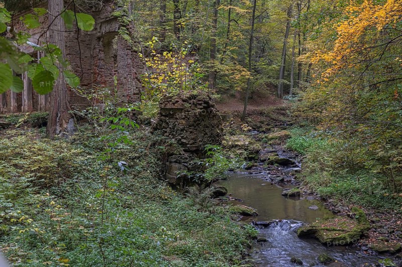 Ruins of the blue house. Scenic park Terezino udolí (Tercino údolí or Tereziino) located in the valley of the river Strobnitz near the town of Nove Hrady in southern Czech Republic. Built in 1756