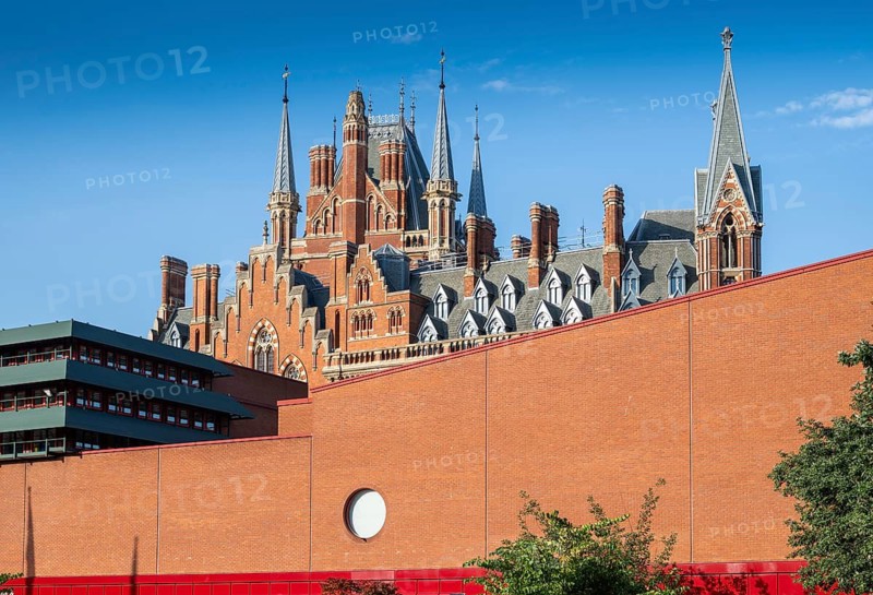 British Library or British Library, one of the most important research and universal libraries in the world, Euston Road, St. Pancras, Borough of Camden, towers of St. Pancras railway station in the background, London, England, Great Britain, Great Britain