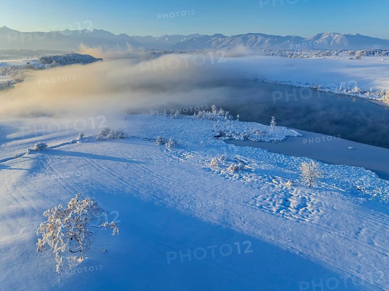 Aerial view of a lake in front of mountains, winter, snow, morning light, fog, Riegsee, Alpine foothills, Upper Bavaria, Bavaria, Germany