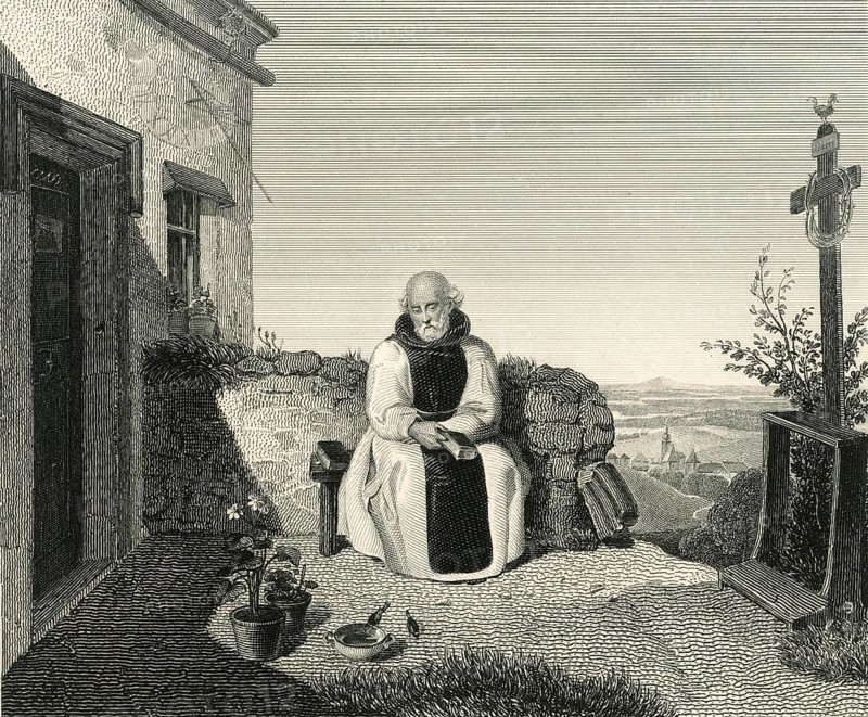 Relaxed monk in the garden, sitting on a bench and watching the birds at a small watering trough in front of him, 1834, Historic, digitally restored reproduction from an original of the period