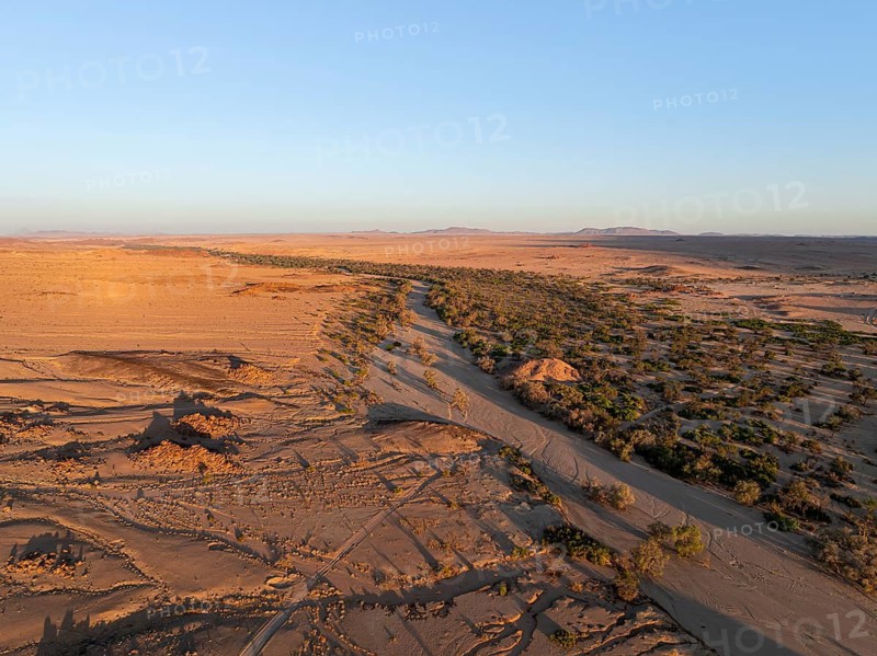 Aerial view, dry riverbed and desert landscape at Ugab River, Erongo, Damaraland, Namibia
