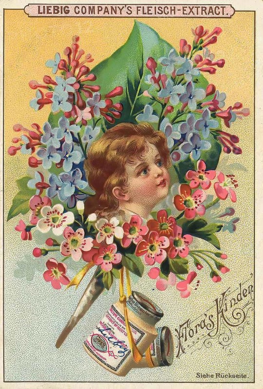 Picture series Flora's children, portrait of a child surrounded by blossoms and flowers, Liebig picture, digitally restored reproduction of a collector's picture from around 1900, public domain, exact date unknown, creative illustration of a little girl surrounded by a colourful bouquet of flowers