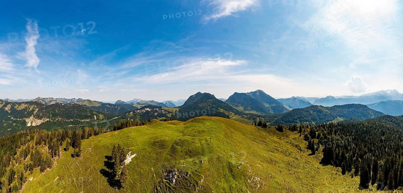 Drone image, at the summit of the Taborberg with a view of the Osterhorn group, Salzkammergut, Salzburg province, Austria