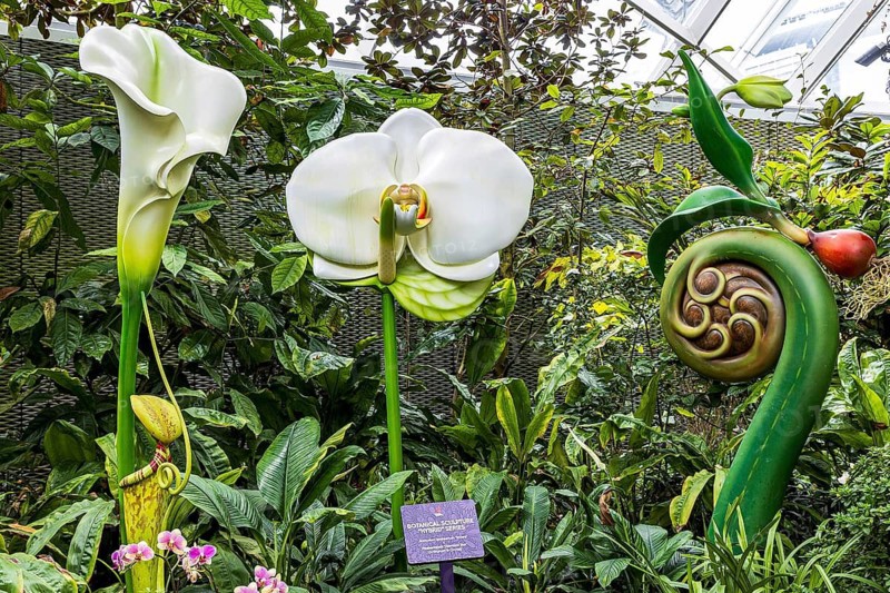 Botanical sculptures by Makoto Azuma, Hybrid series, in the Cloud Forest Botanical garden, Gardens by the Bay, Singapore