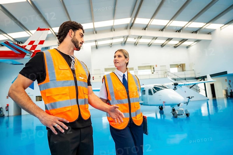 Aviation mechanic and female pilot collaborating while discussing work in an airplane hangar, wearing safety vests with light aircraft in the background