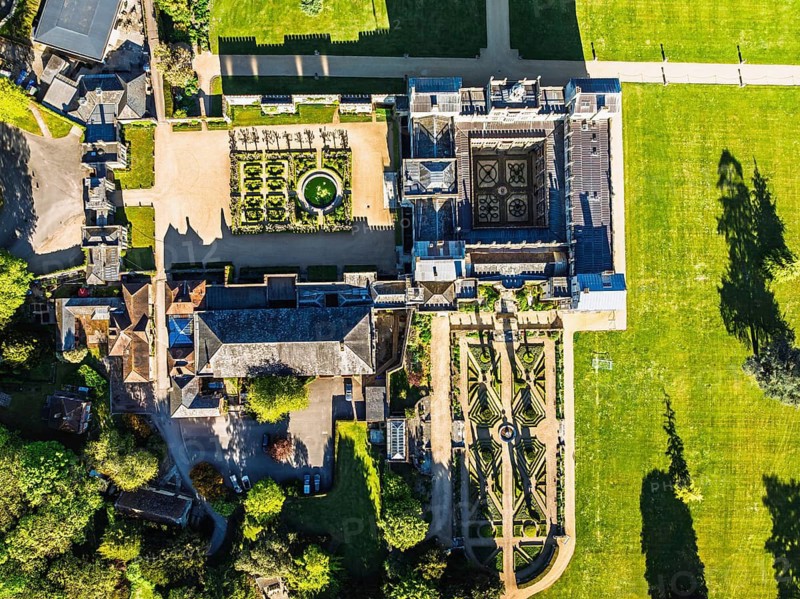 Top Down view over Wilton House from a drone, Wilton, River Nadder, Salisbury, Wiltshire, England, United Kingdom