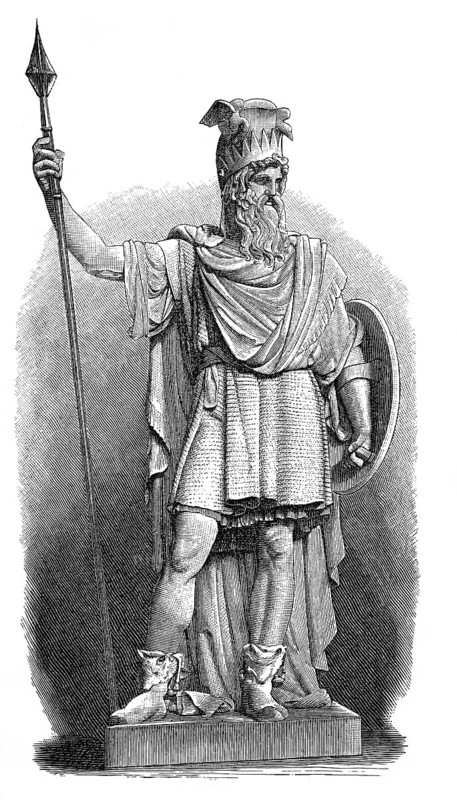 Historical illustration, 19th Century, Statue of Odin, the Allfather of the gods in Germanic and Norse mythology, Statue von Odin, der Hauptgott der germanischen und nordischen Mythologie, historische Zeichnung, 19. Jahrhundert