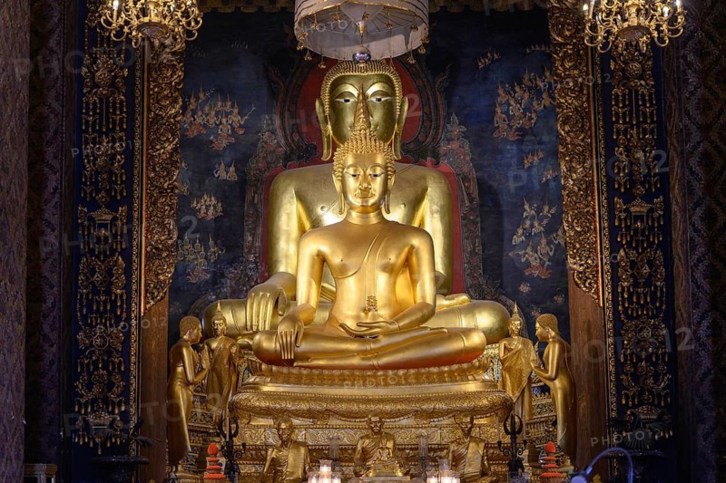 Bangkok, Thailand. February 20th 2025. Twin seated Golden Buddha Statues at the Wat Bowonniwetwiharn Ratchaworawiharn (Wat Bowonniwet Vihara) a major Thai Buddhist temple in Bangkok, Thailand