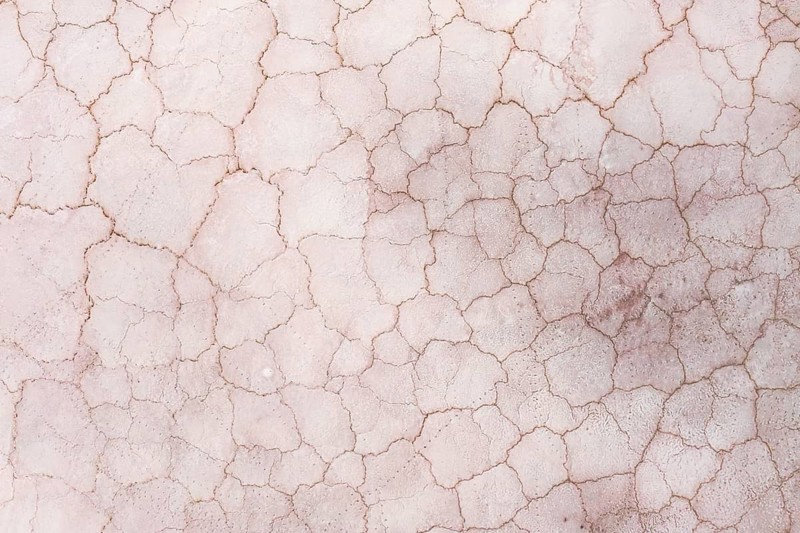 Aerial view of cracked saline mud features intricate patterns with textured surfaces. The natural light highlights the earthy tones, creating a unique and abstract landscape