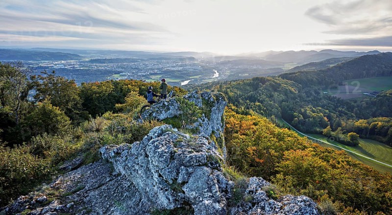 View from the Gisliflue of an autumnal forest with the Jura foothills behind, Talheim, Canton, Aargau, Switzerland
