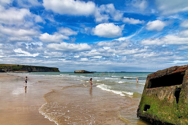 Mulberry Harbour, Remains on Sand Beach, Atlantic Wall, D-Day, Arromanches-les-Bains, Gold Beach, Normandy, France