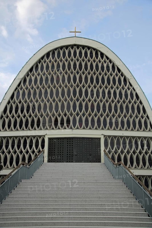 Modern Lutheran Holy Spirit Church with staircase and round shape, modern building, oval windows, Biebrich, Wiesbaden, Taunus, Hesse, Germany