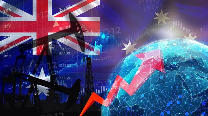 Global oil growth with Australian flag. International oil exports with Australia flag on the economic chart