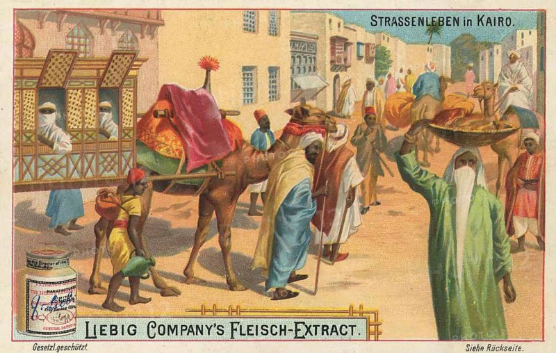 Picture series Street Life, Busy Street in Cairo with Camel Riders and Merchants, Liebigbild, digitally restored reproduction of a collector's painting from around 1900, exact date unknown