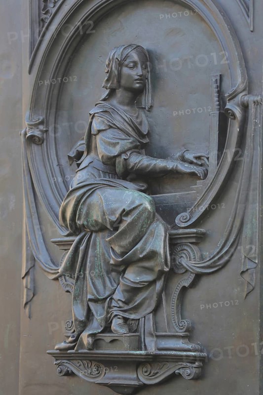 Grey monochrome relief depicting Cecilia of Rome, patron saint of church music, musician, allegory, symbol, music, Beethoven monument, Münsterplatz, centre, Bonn, North Rhine-Westphalia, Germany