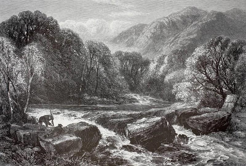 Nature depiction of the river Afon Lledr in Wales. In the left foreground, a person, presumably an angler, is seen on the rocky riverbank, illustration, reproduction of a model from the 19th century. Authentic, file restored for optimal use, exact date of submission unknown, historical