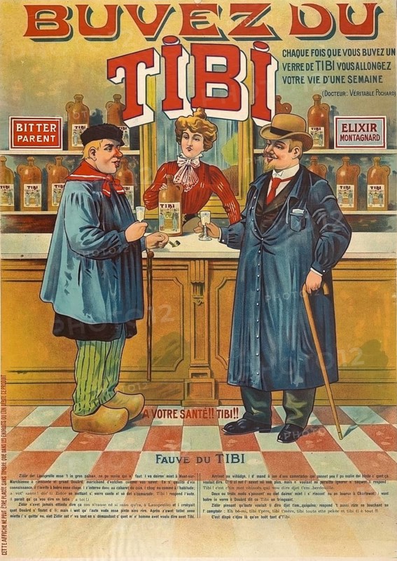 Advertising poster, beverage advertisement, advertising poster for Tibi drinks from the late 19th or early 20th century. The scene depicts a French or Belgian street café atmosphere with stylized figures consuming the product. The advertisement humorously promises a life extension through the consumption of the product, authentic reproduction of a historical advertising poster, advertising sign, in high resolution