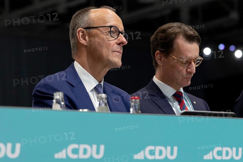 Friedrich Merz (party chairman and candidate for chancellor) and Hendrik Wüst (Minister President of North Rhine-Westphalia) at the 37th Federal Party Conference of the CDU in the CityCube Berlin on 3 February 2025. The Christian Democratic Union of Germany has set itself the goal of adopting an immediate programme at the party conference, which is to be implemented immediately after the formation of a government