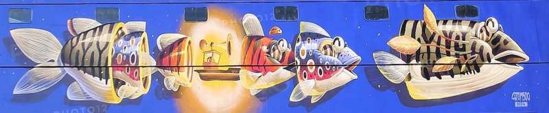 Mural by Stom500 2024, colorful graffiti with series of fish figures, Russian matryoshka, street art, in each other, apart, together, separated, underwater world, curious comic, fantasy, barrage, hydroelectric power plant, border crossing, Rhine, Rheinau, Freistett, Baden-Württemberg, Germany, barrage hydroelectrique, Gambsheim, Bas-Rhin, Alsace, France