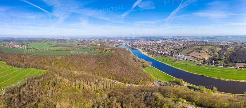 Panorama of the Saxon Elbland, aerial view of the Elbe between Rehbocktal and Meißen, Saxony, Germany