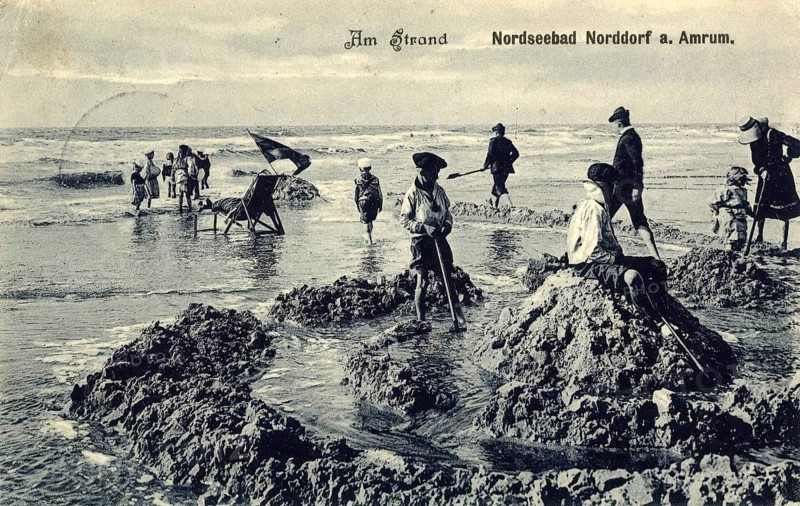 Historical photo on the beach of the North Sea resort of Norddorf on the island of Amrum, presumably from the beginning of the 20th century, Schleswig-Holstein, Germany, authentic reproduction of an old postcard, around 1910, historical, exact date unknown