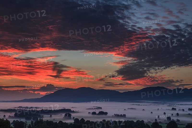 Dawn, cloudy mood, fog, mountains, Loisach-Lake Kochel moor, behind Zwiesel, Alpine foothills, Bavaria, Germany