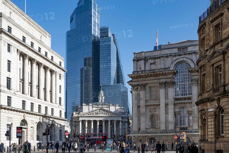 London, UK. February 25th 2026. The Royal Exchange building flanked by Threadneedle Street and The Bank of England in the heart of the City of London, financial and commercial heart of the capital, UK