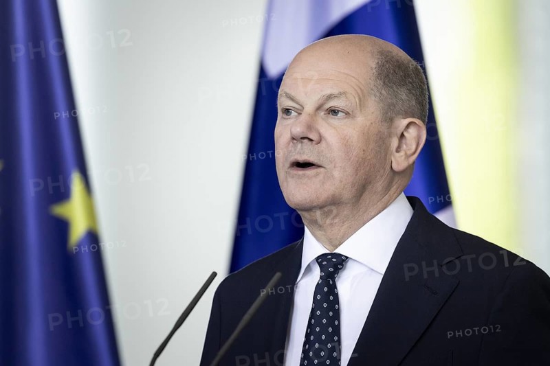 Olaf Scholz (SPD), Federal Chancellor, and Alexander Stubb (not pictured), President of the Republic of Finland, during a press statement at the Federal Chancellery in Berlin, 8 May 2024