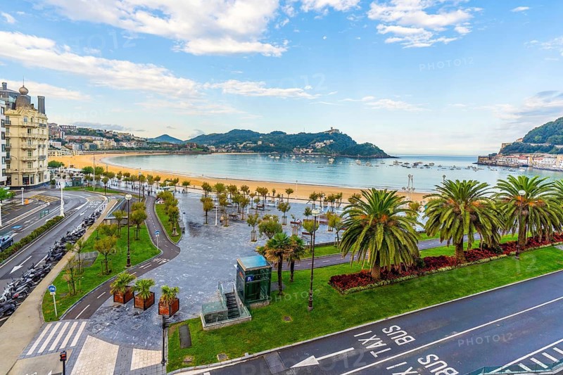 Aerial view of La Concha beach without people in Donostia San Sebastian, Gipuzkoa. Basque Country