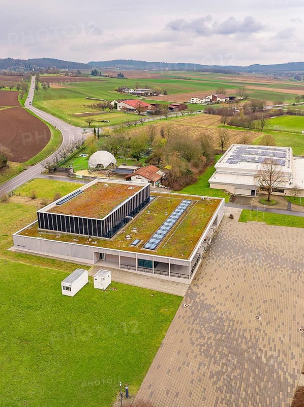 Modern architecture with a green roof in a rural setting with fields, Großbottwar, Ludwigsburg district, Baden-Württemberg, Germany