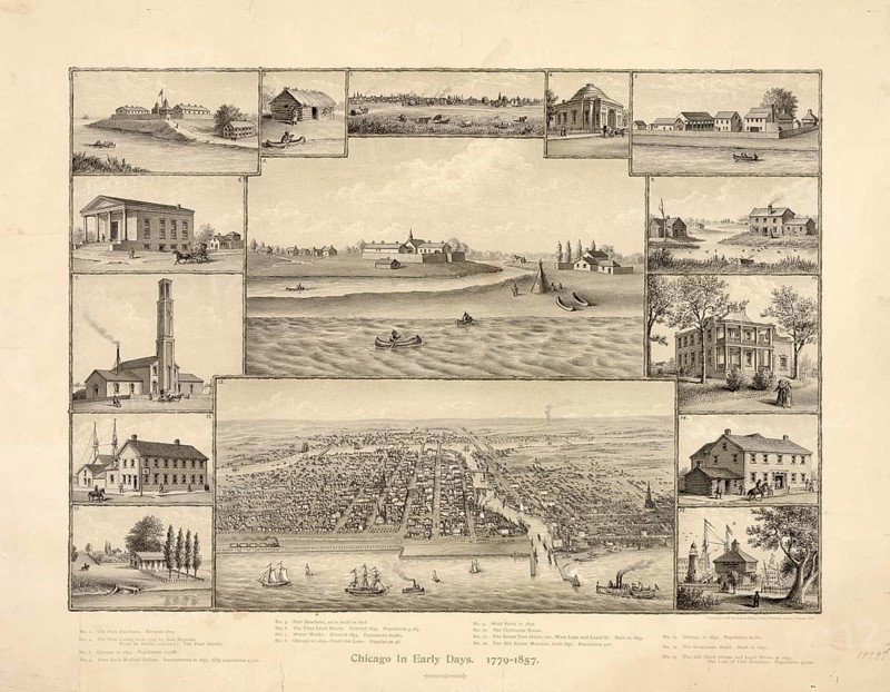 Collage of 15 different historical views and two bird's eye views on the development of Chicago. Two large panoramic bird's-eye views of the city in the center, at the top around 1830 with Fort Dearborn and at the bottom around 1853, 15 numbered individual depictions of important buildings, pioneers, first dwellings, such as the log cabin of the first settler Jean Baptiste Point du Sable, as well as historical scenes from the years 1779 to 1857, authentic, digitally restored reproduction in high resolution from an original from the 19th century, exact date of presentation unknown, American History, Historic