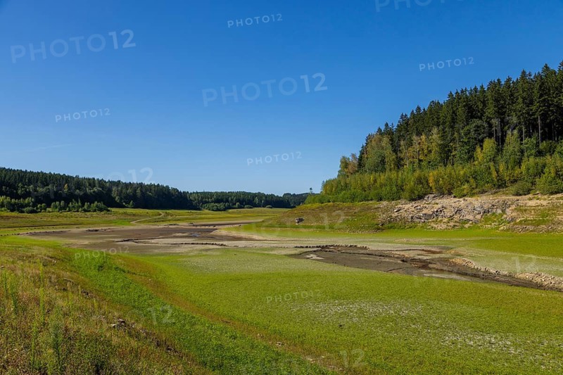 Almost dried out riverbed of the Wilder Weisseritz, which feeds the Lehnmnühle dam, Dippoldiswalde, Saxony, Germany