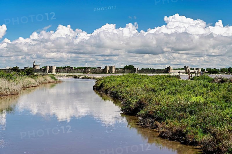Salins du Midi, behind the historic city walls, Aigues-Mortes, Camargue, southern France, France