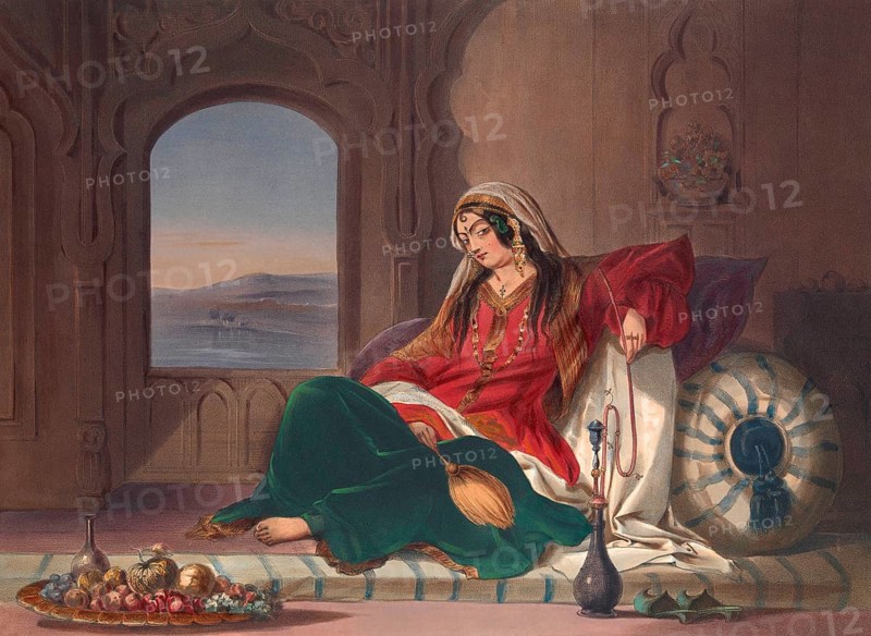 Afghan lady and smoking a hookah, by R. Carrick, c. 1848, digitally optimized