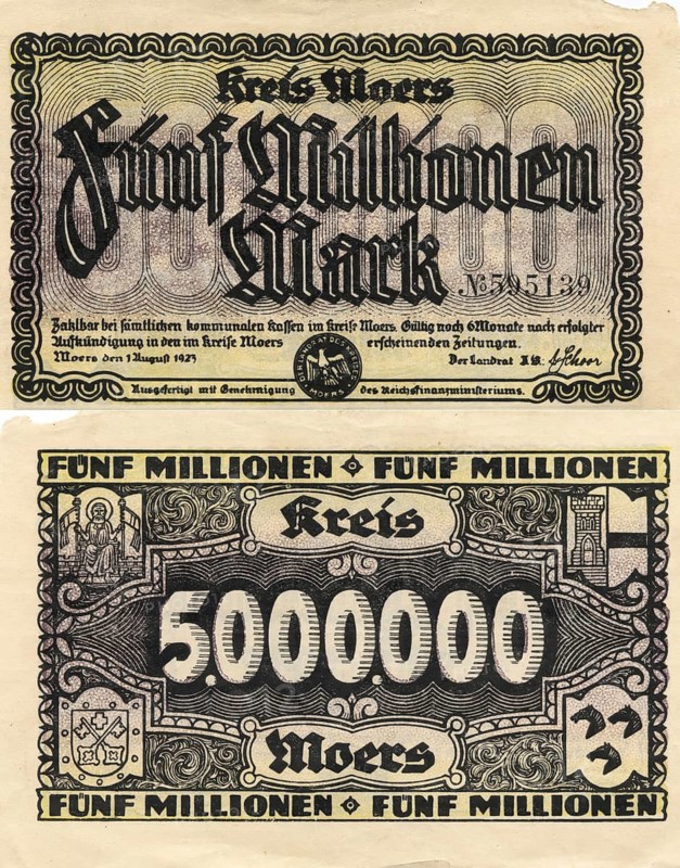 Banknote, emergency money, 5 million marks, inflation, district of Moers, Germany, reproduction of a historical banknote
