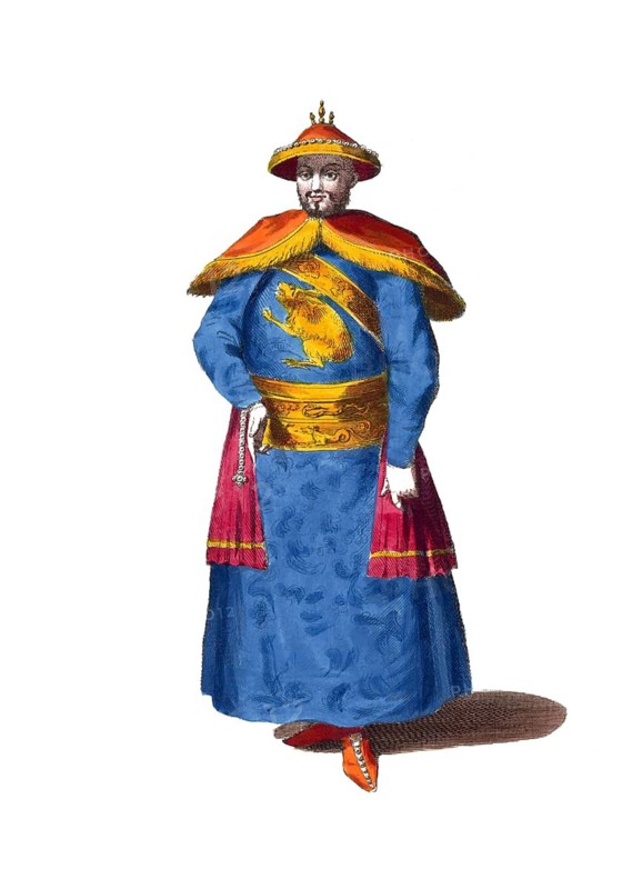 Historical clothing, fashion over time, The everyday clothing of the Emperor of China in the 18th century, digitally restored reproduction of an 18th/19th century model, exact date unknown, man in traditional blue and red clothing with hat