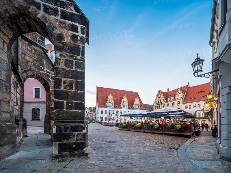 Dusk at the market square in the historic old town, Meissen, Saxony, Germany