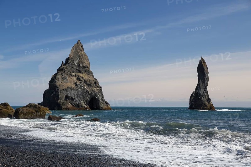Rocks and cliffs at the black beach of Vík í Mýrdal, South Iceland