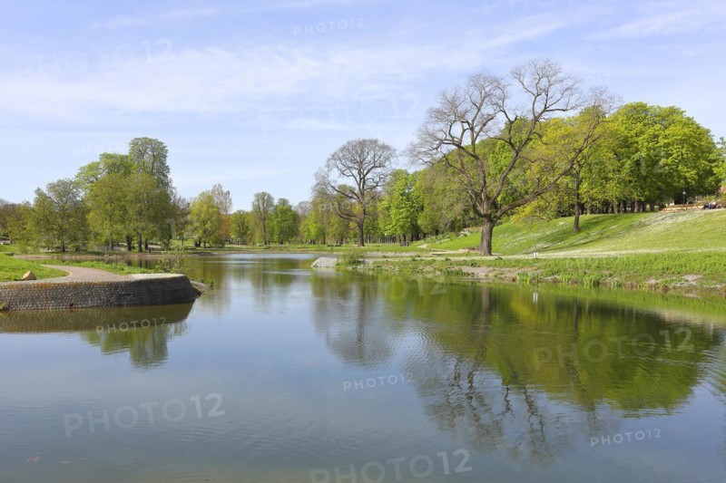 Rosensteinpark in spring, landscape park, meadows, trees, water, Bad Cannstatt, Stuttgart, Baden-Württemberg, Germany