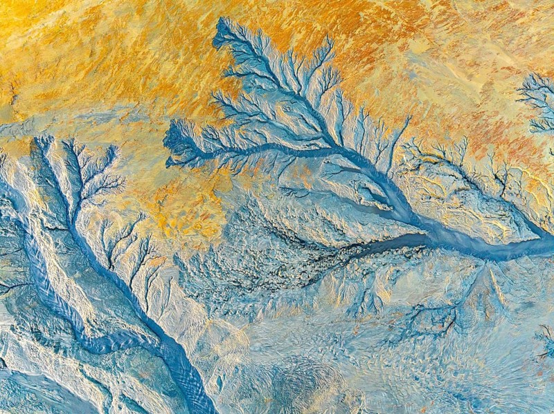 An intricate display of abstract fractal patterns with vibrant blue and yellow hues creating a mesmerizing visual effect, reminiscent of natural landscapes and forms