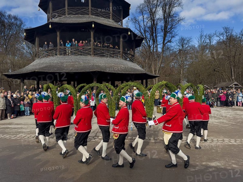 Schaeffler dance in 2026 in the English Garden, behind the Chinese Tower. The event takes place every 7 years between Epiphany and Shrove Tuesday, Munich, Bavaria, Germany