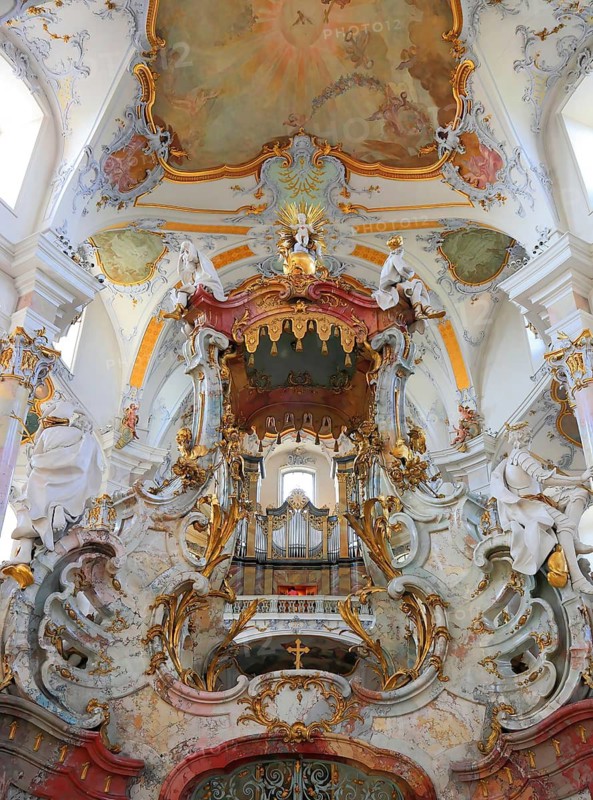 High altar in the Vierzehnheiligen Basilica, Bad Staffelstein, Lichtenfels district, Upper Franconia, Bavaria, Germany. The church, built according to plans by Balthasar Neumann, is dedicated to the fourteen emergency workers