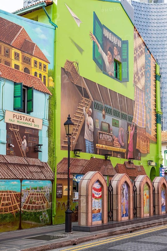 Contemporary street art on Muscat Street recalls Omani maritime culture near Sultan Mosque in Kampong Glam, Singapore