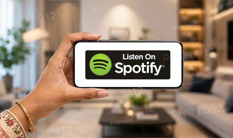 In this photo illustration, a hand holds a smartphone displaying the Spotify Music logo against a softly blurred home interior, in India on 18 August 2026
