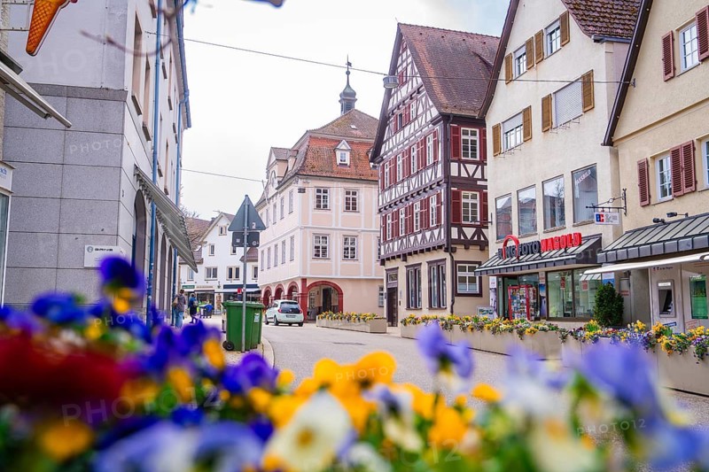Historic half-timbered houses in the old town full of colourful flowers and a lively street atmosphere, Nagold, Black Forest, Germany