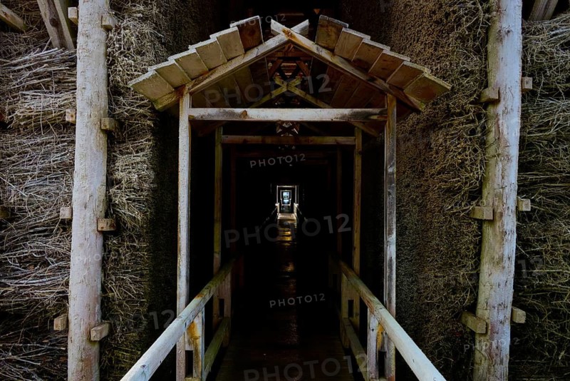 Long wooden walk through a dark graduation house, symmetrical and atmospheric, spa town of Bad Orb, Spessart nature park Park, Main Kinzig district, Hesse, Germany