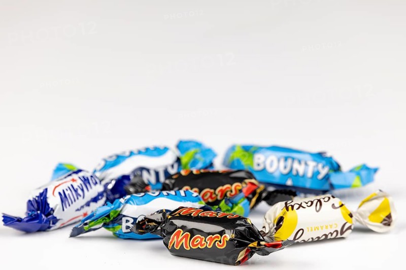 Mix of different branded sweets, small chocolate bars including Bounty, Mars and Milky Way
