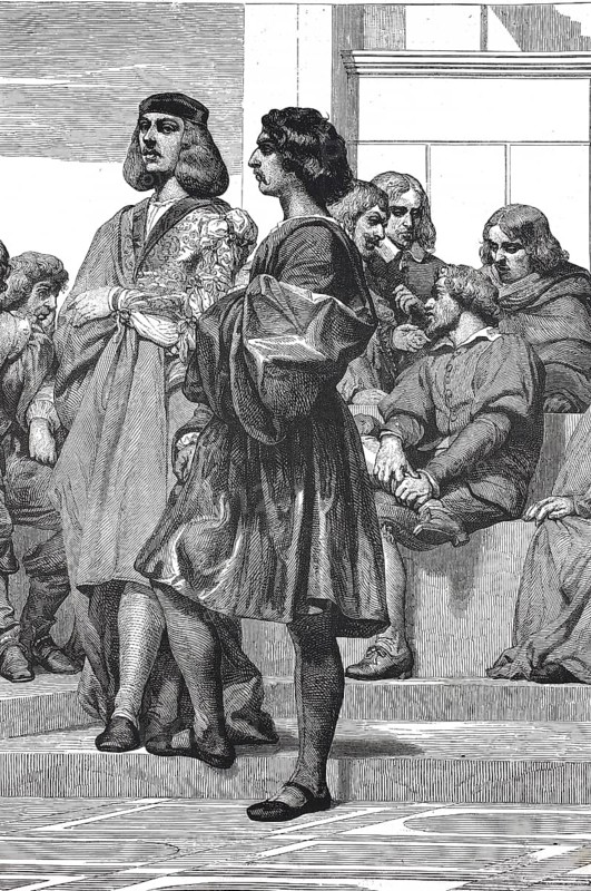 Historic, digitally restored reproduction from a 19th century original, Record date not stated, Hemicycle by Paul Delaroche, showing the artists Carravaggio, Bellini, Giogione, Potter, Ruysdal, Claude and Poussin, 1855